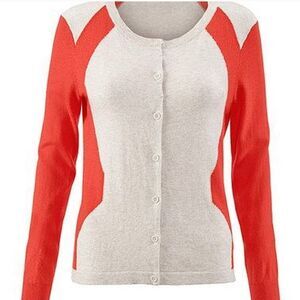 CAbi Hourglass Colorblock Lightweight  Sweater Cardigan Coral Red Oatmeal Size M